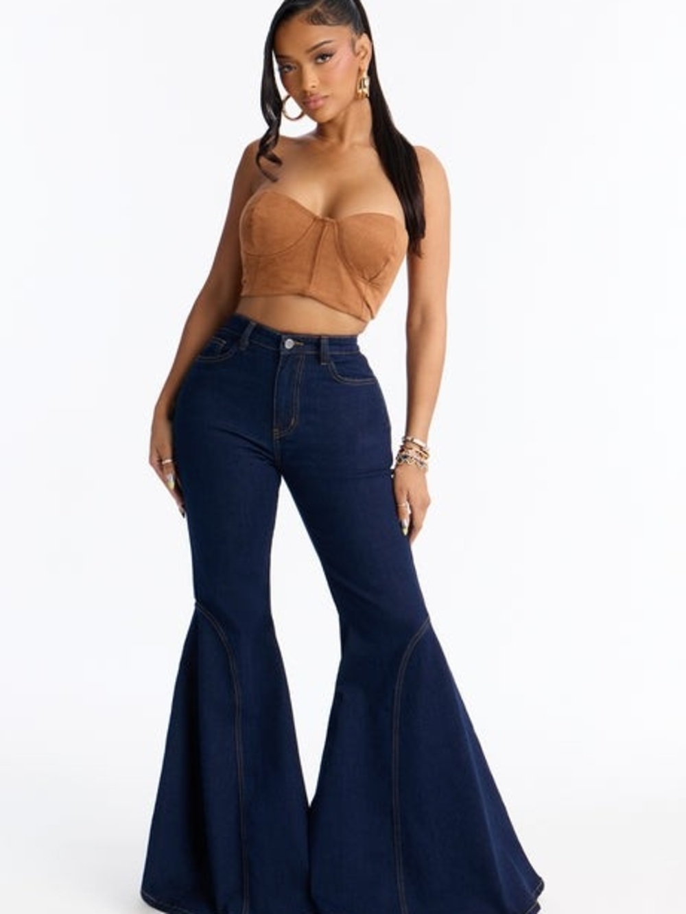 Fashion Nova Dark Blue High-Waist Wide Leg Flare Jeans